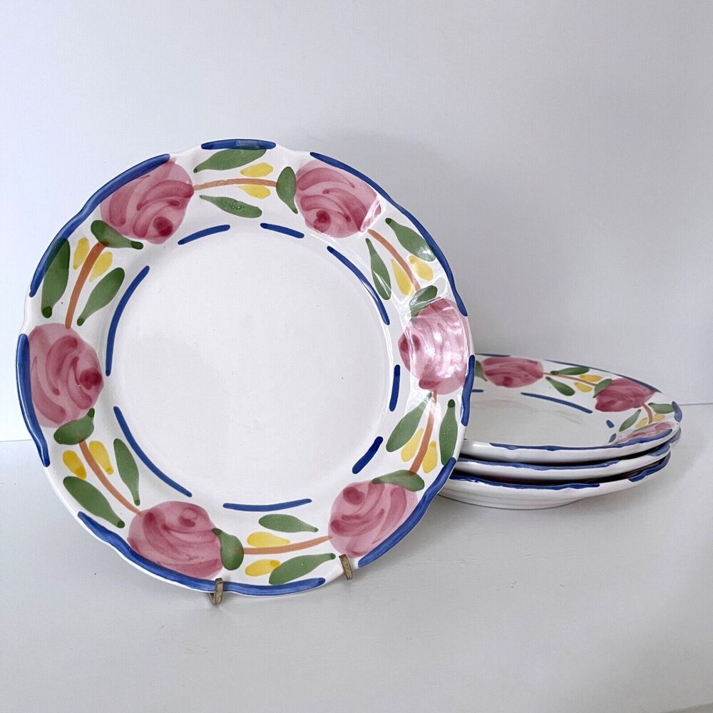 Vintage Pottery Barn Bella Rose Plate Set of 4 Handpainted Mexico 8.25" D Floral